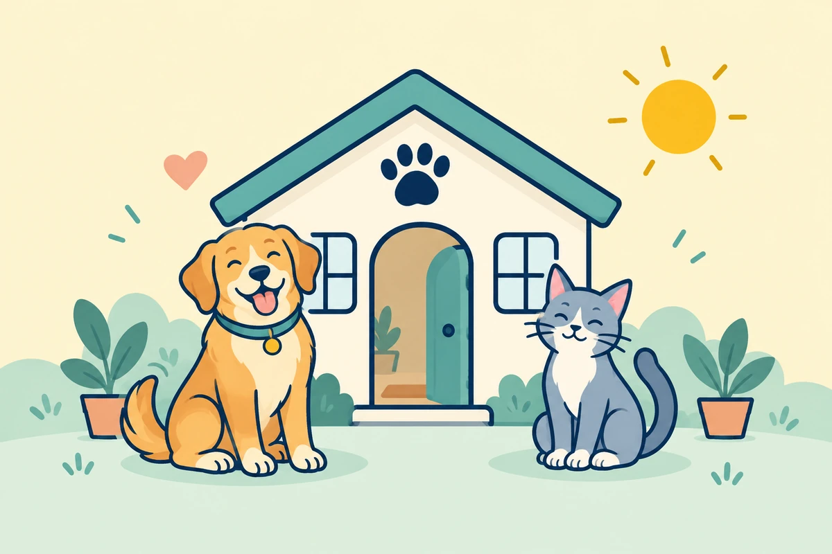 Illustration of a dog and cat beside a welcoming shelter